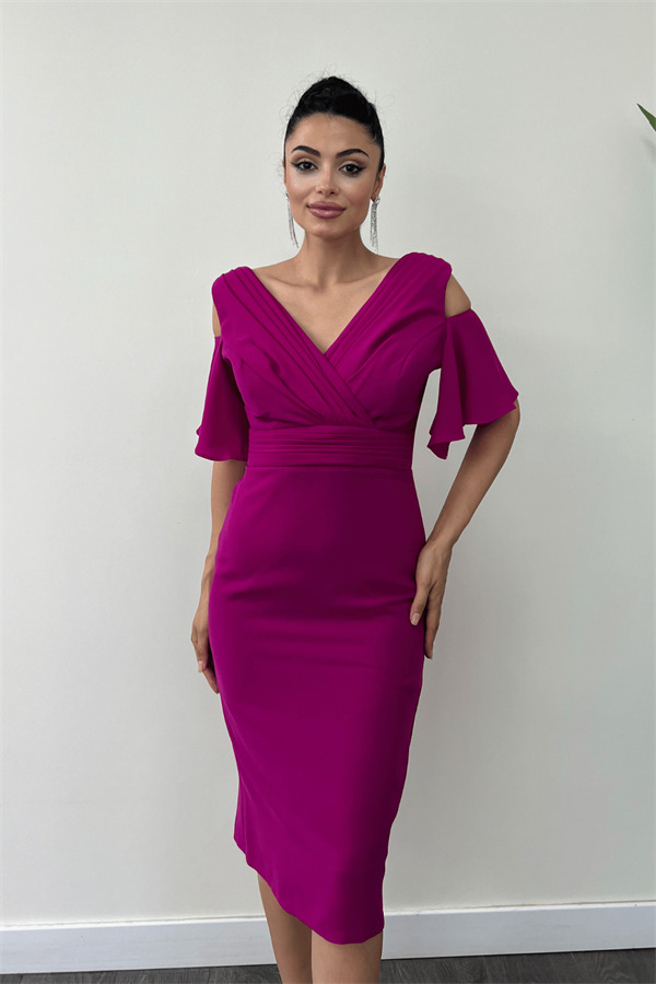 Krep Kumaş Büzgü Detaylı Kalem Elbise - FUŞYA - 3