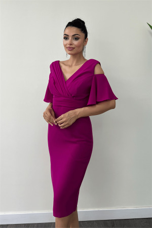 Krep Kumaş Büzgü Detaylı Kalem Elbise - FUŞYA - 4