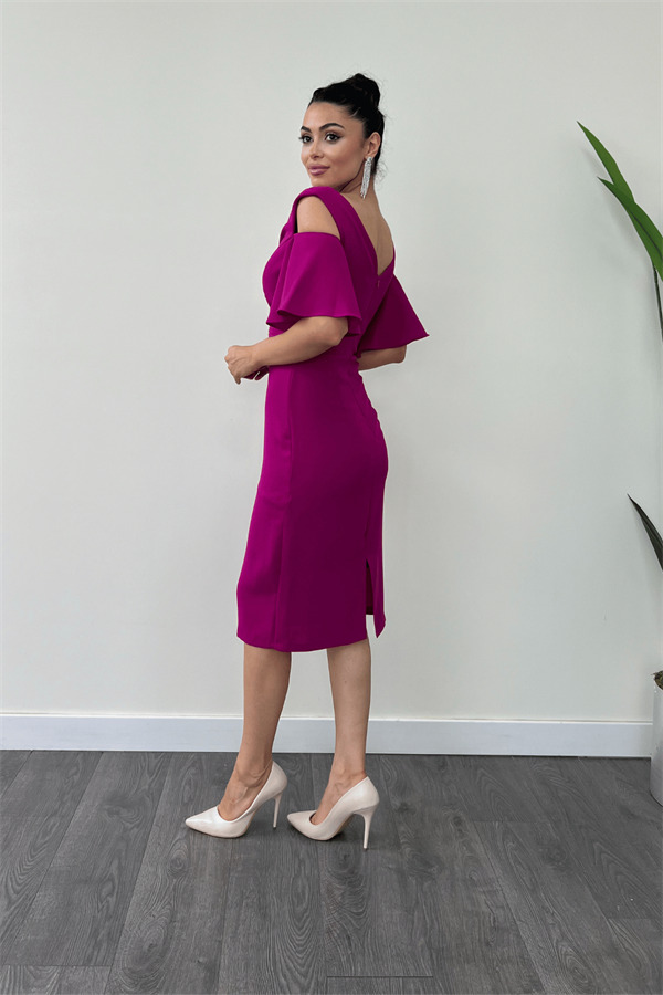 Krep Kumaş Büzgü Detaylı Kalem Elbise - FUŞYA - 5