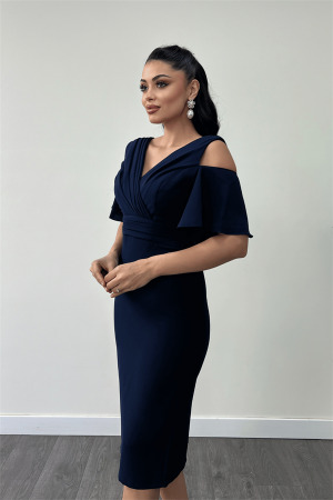 Krep Kumaş Büzgü Detaylı Kalem Elbise - LACİVERT - 4