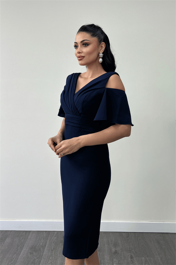 Krep Kumaş Büzgü Detaylı Kalem Elbise - LACİVERT - 4