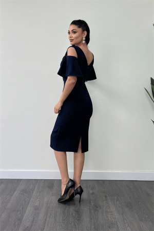 Krep Kumaş Büzgü Detaylı Kalem Elbise - LACİVERT - 5