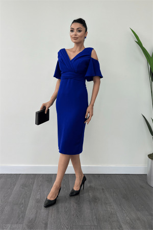 Krep Kumaş Büzgü Detaylı Kalem Elbise - SAKS MAVİ - Angelino Moda