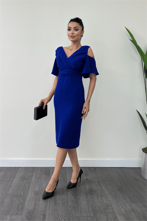 Krep Kumaş Büzgü Detaylı Kalem Elbise - SAKS MAVİ - 1
