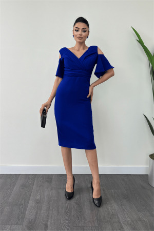 Krep Kumaş Büzgü Detaylı Kalem Elbise - SAKS MAVİ - Angelino Moda (1)
