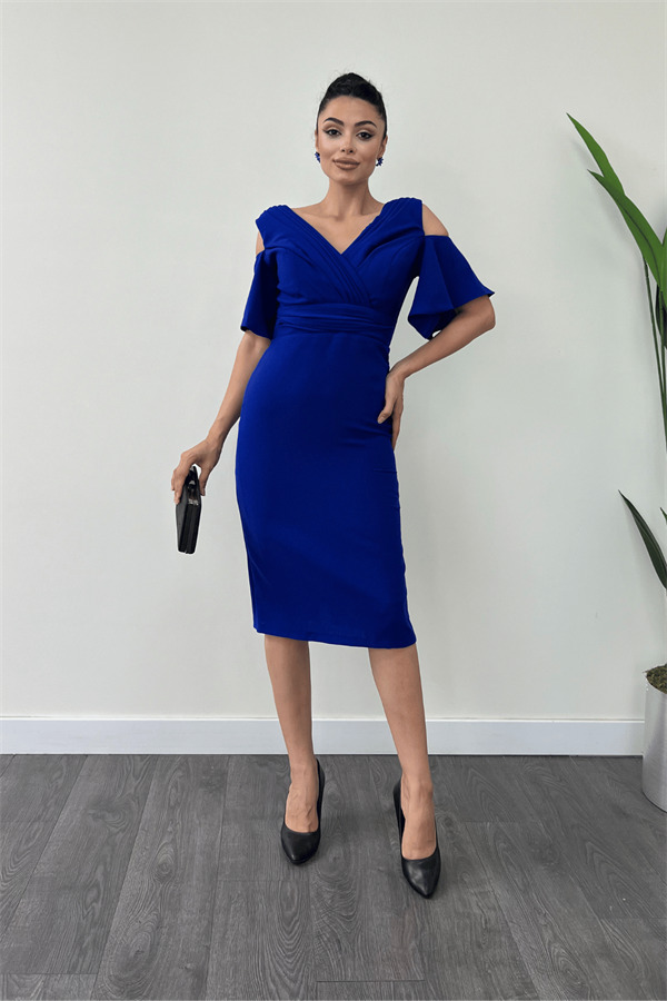 Krep Kumaş Büzgü Detaylı Kalem Elbise - SAKS MAVİ - 2