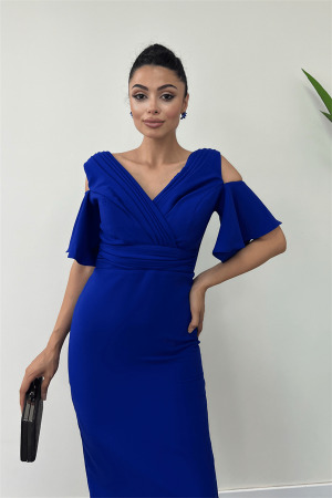 Krep Kumaş Büzgü Detaylı Kalem Elbise - SAKS MAVİ - 3
