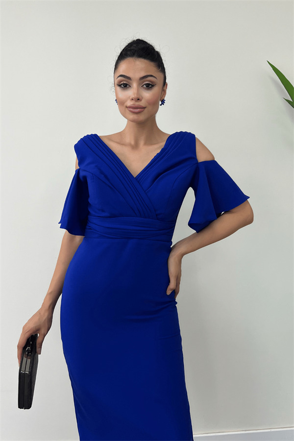 Krep Kumaş Büzgü Detaylı Kalem Elbise - SAKS MAVİ - 3