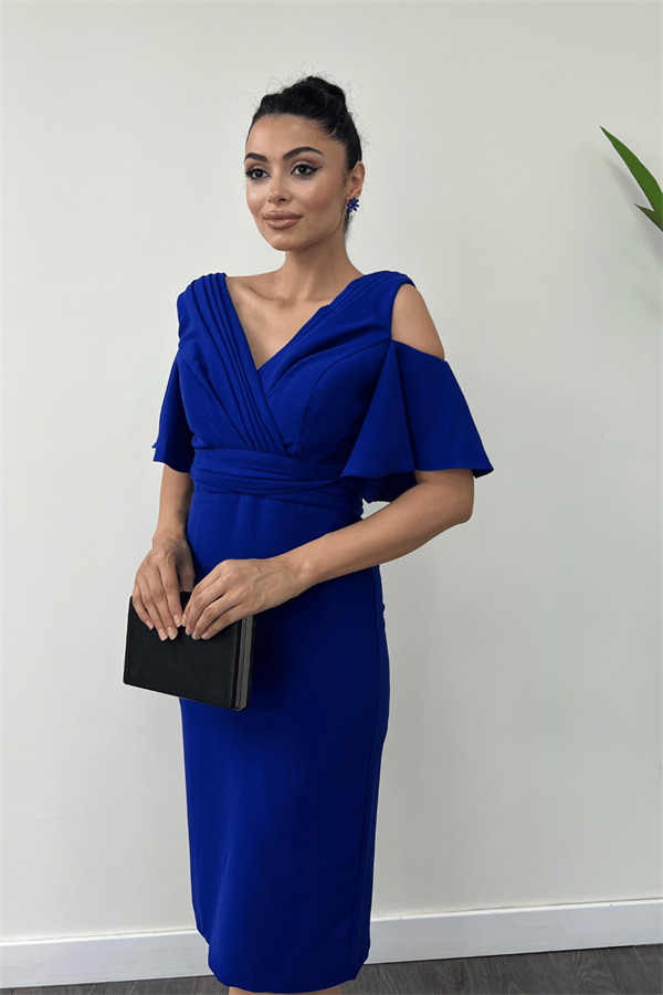 Krep Kumaş Büzgü Detaylı Kalem Elbise - SAKS MAVİ - 4
