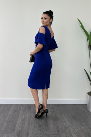 Krep Kumaş Büzgü Detaylı Kalem Elbise - SAKS MAVİ - 5