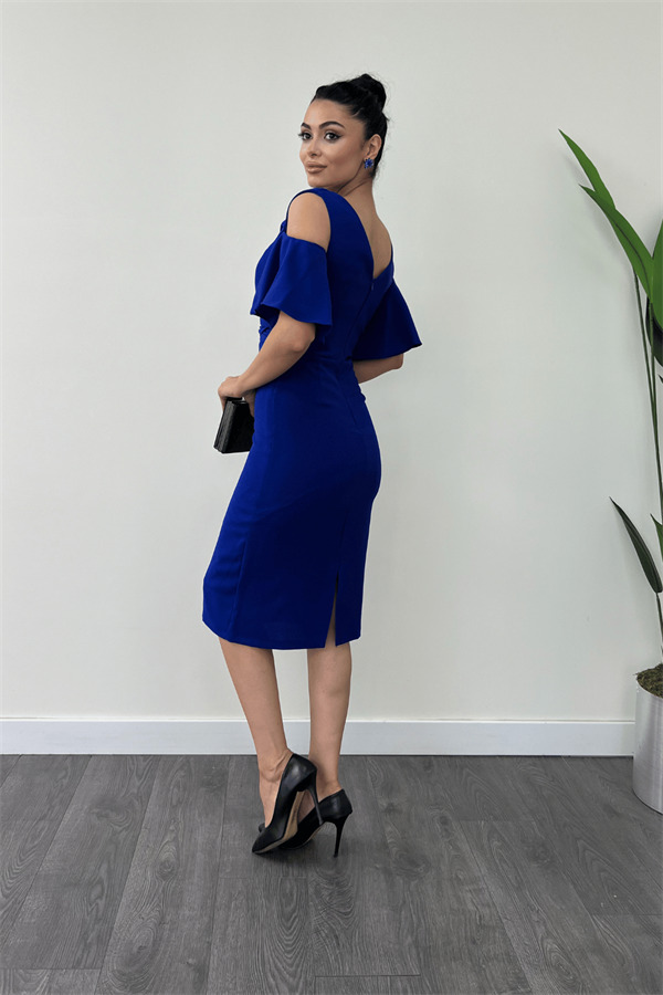 Krep Kumaş Büzgü Detaylı Kalem Elbise - SAKS MAVİ - 5