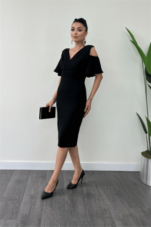 Krep Kumaş Büzgü Detaylı Kalem Elbise - SİYAH - Angelino Moda