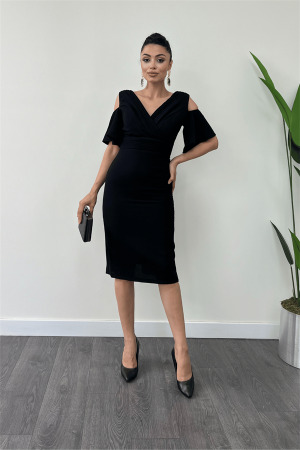 Krep Kumaş Büzgü Detaylı Kalem Elbise - SİYAH - Angelino Moda (1)