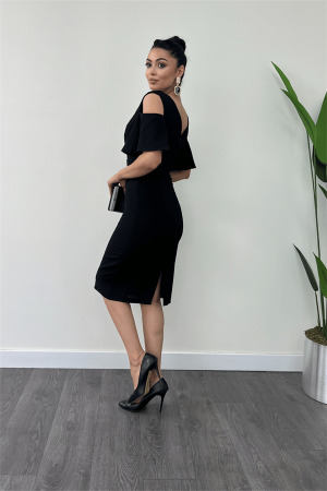 Krep Kumaş Büzgü Detaylı Kalem Elbise - SİYAH - 5