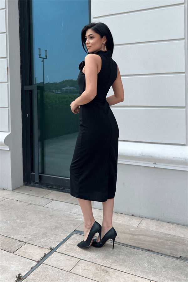 Krep Kumaş Büzgü Detaylı Sıfır Kol Kalem Elbise - SİYAH - 5