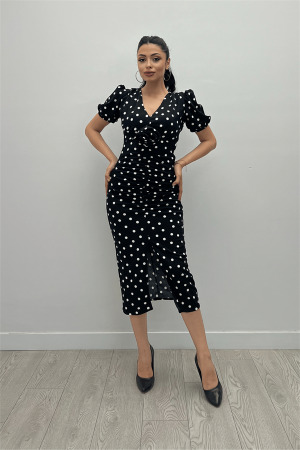 Krep Kumas Büzgü Gül Detaylı Kalem Elbise - SİYAH - Angelino Moda