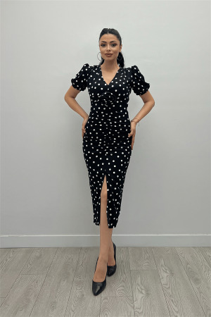 Krep Kumas Büzgü Gül Detaylı Kalem Elbise - SİYAH - Angelino Moda (1)