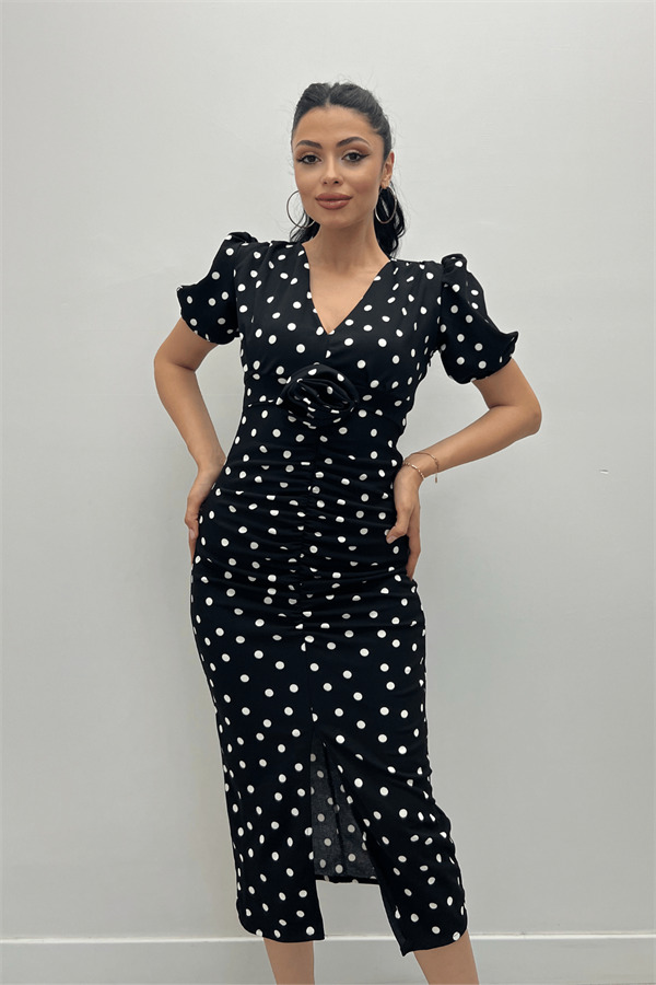 Krep Kumas Büzgü Gül Detaylı Kalem Elbise - SİYAH - 3