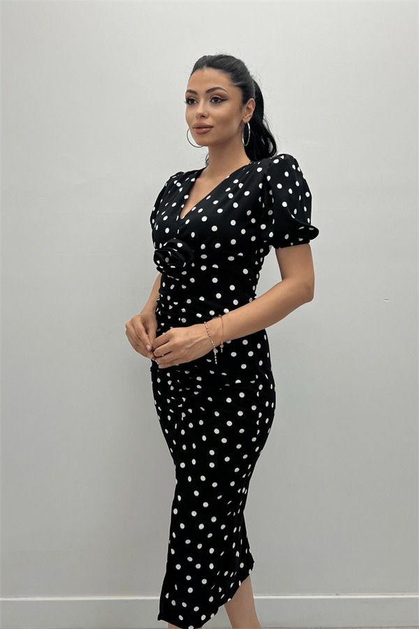 Krep Kumas Büzgü Gül Detaylı Kalem Elbise - SİYAH - 4