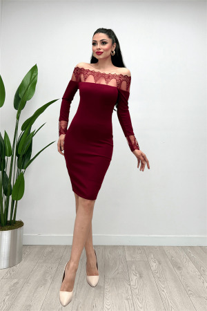 Krep Kumaş Dantel Detaylı Elbise - BORDO - 4