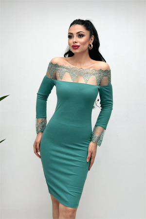 Krep Kumaş Dantel Detaylı Elbise - MİNT YEŞİLİ - Angelino Moda