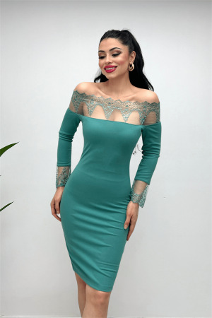 Krep Kumaş Dantel Detaylı Elbise - MİNT YEŞİLİ - 3