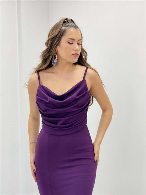 Krep Kumaş Degaje Yaka Askılı Elbise - PATLICAN MOR - 3