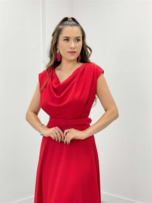 Krep Kumaş Degaje Yaka Elbise - KIRMIZI - 3