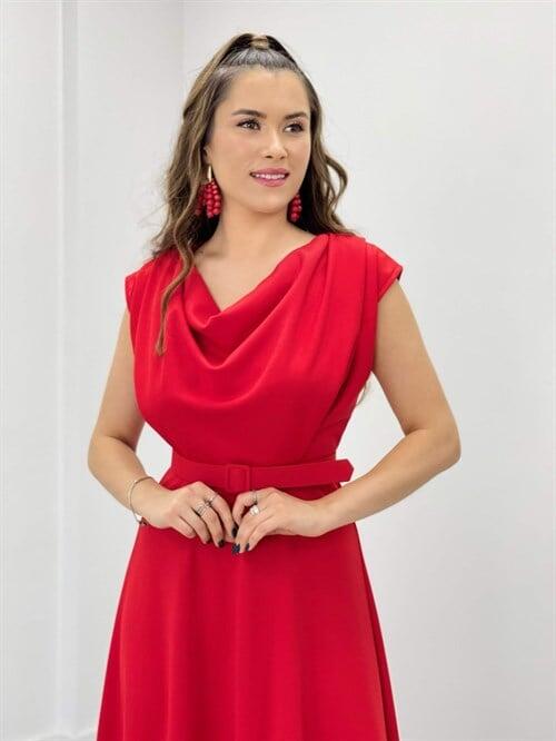 Krep Kumaş Degaje Yaka Elbise - KIRMIZI - 4