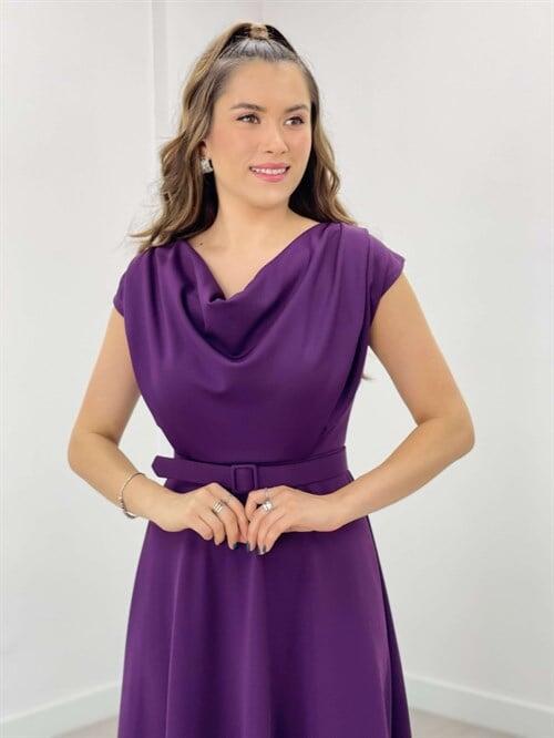 Krep Kumaş Degaje Yaka Elbise - PATLICAN MOR - 3