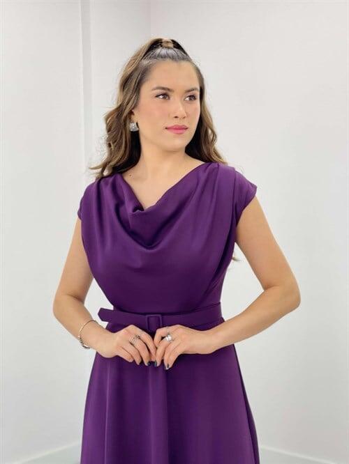 Krep Kumaş Degaje Yaka Elbise - PATLICAN MOR - 4