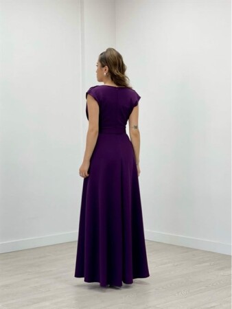 Krep Kumaş Degaje Yaka Elbise - PATLICAN MOR - 5