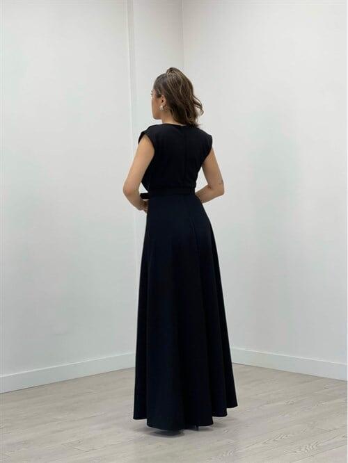 Krep Kumaş Degaje Yaka Elbise - SİYAH - 5