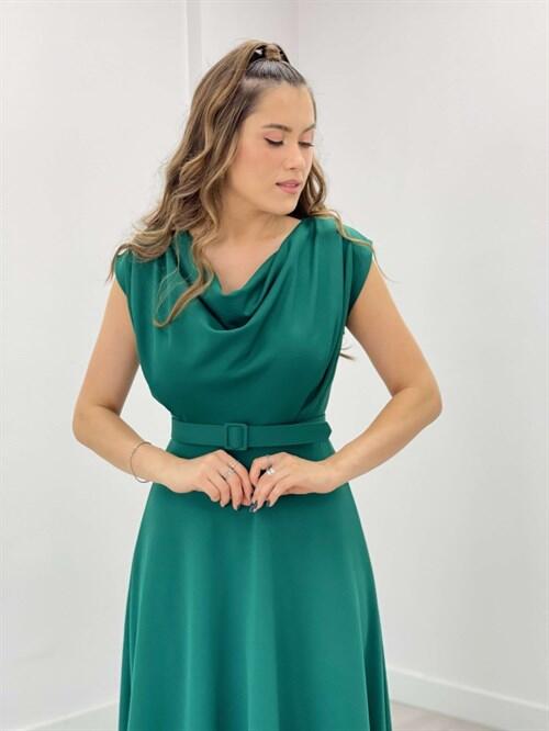 Krep Kumaş Degaje Yaka Elbise - ZÜMRÜT YEŞİL - 3