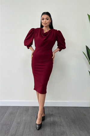 Crepe Fabric Degaje Collar Pencil Dress - MAROON - Angelino Moda