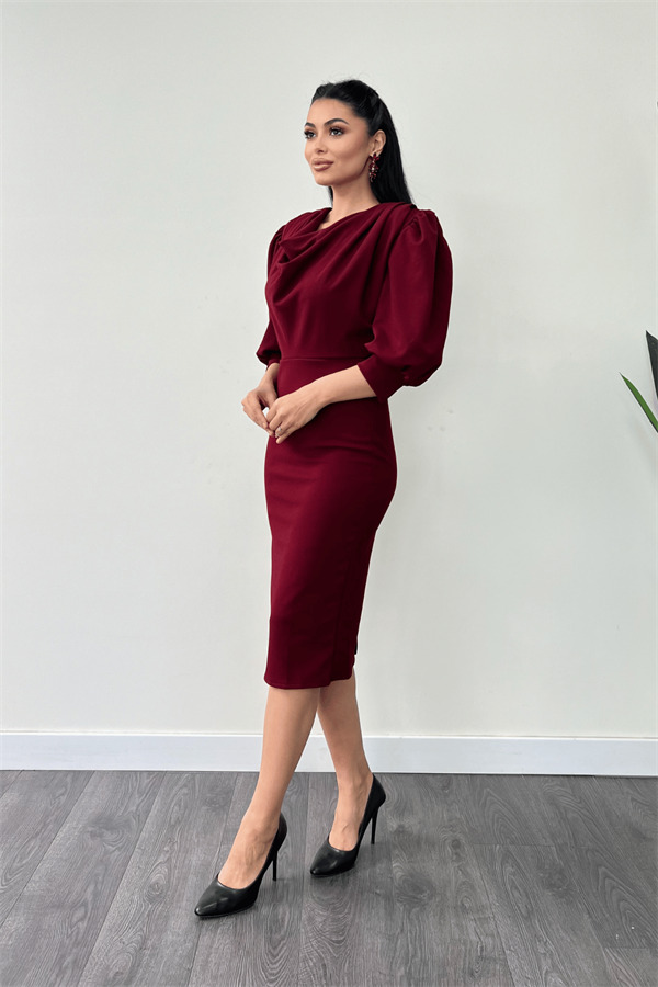 Krep Kumaş Degaje Yaka Kalem Elbise - BORDO - 2