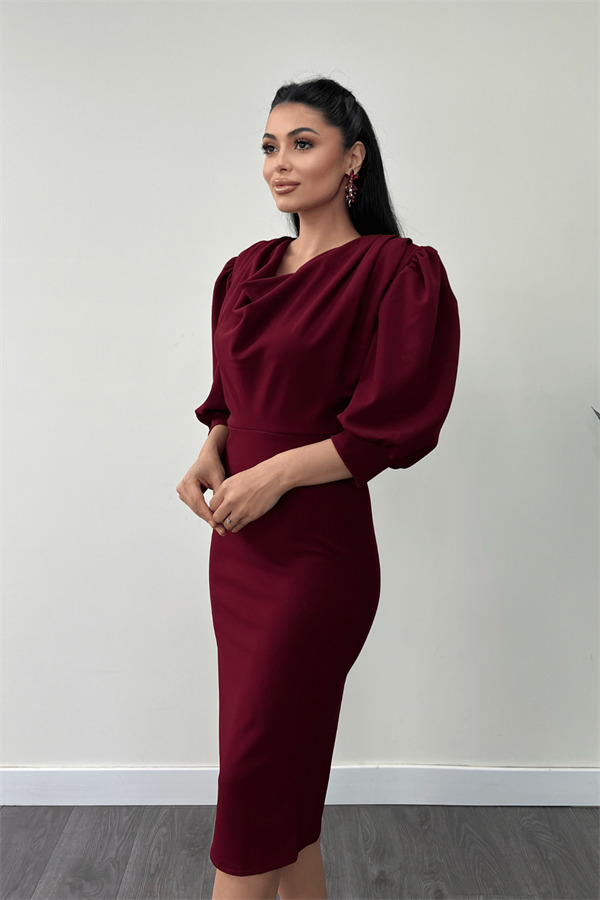 Krep Kumaş Degaje Yaka Kalem Elbise - BORDO - 3
