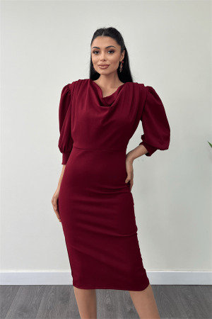 Krep Kumaş Degaje Yaka Kalem Elbise - BORDO - 4