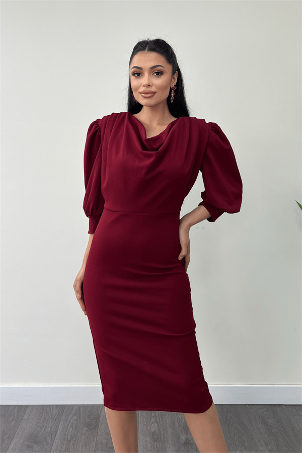 Krep Kumaş Degaje Yaka Kalem Elbise - BORDO - 4