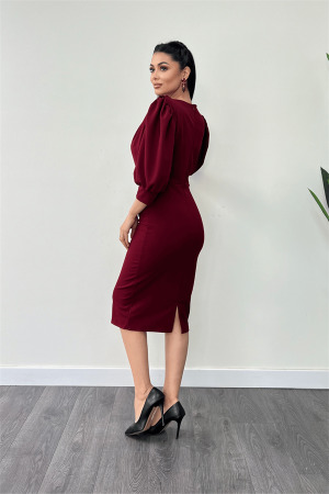 Krep Kumaş Degaje Yaka Kalem Elbise - BORDO - 5