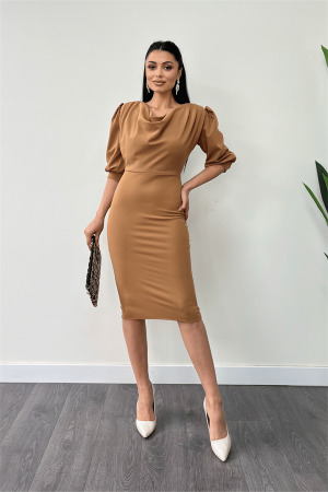 Crepe Fabric Collar Pencil Dress - Camel - Angelino Moda