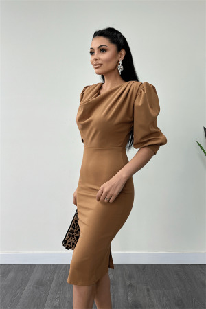 Krep Kumaş Degaje Yaka Kalem Elbise - Camel - 3