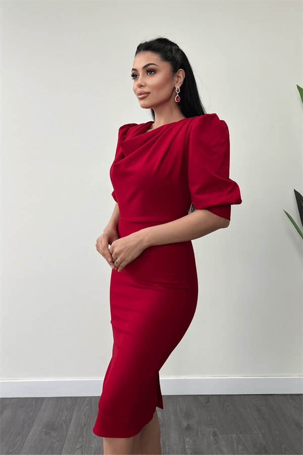 Krep Kumaş Degaje Yaka Kalem Elbise - KIRMIZI - 3