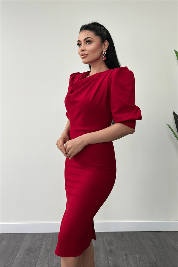 Krep Kumaş Degaje Yaka Kalem Elbise - KIRMIZI - 3