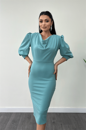 Krep Kumaş Degaje Yaka Kalem Elbise - MİNT YEŞİLİ - 3
