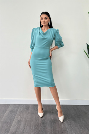 Crepe Fabric Degaje Collar Pencil Dress - MINT GREEN - Angelino Moda