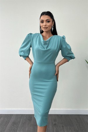 Krep Kumaş Degaje Yaka Kalem Elbise - MİNT YEŞİLİ - 3