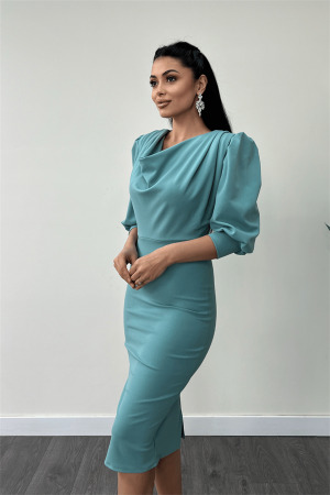 Krep Kumaş Degaje Yaka Kalem Elbise - MİNT YEŞİLİ - 4