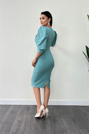 Krep Kumaş Degaje Yaka Kalem Elbise - MİNT YEŞİLİ - 5