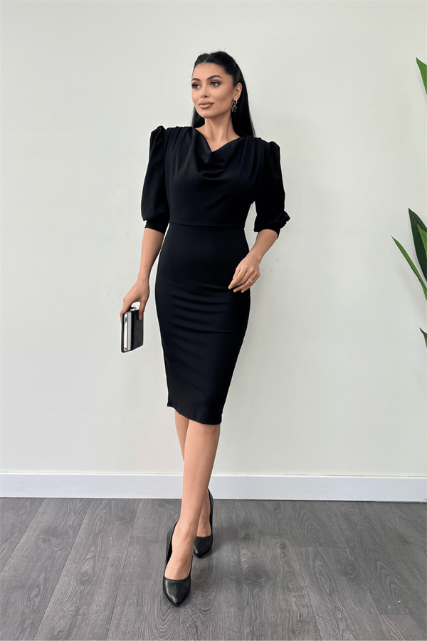 Krep Kumaş Degaje Yaka Kalem Elbise - SİYAH - 2